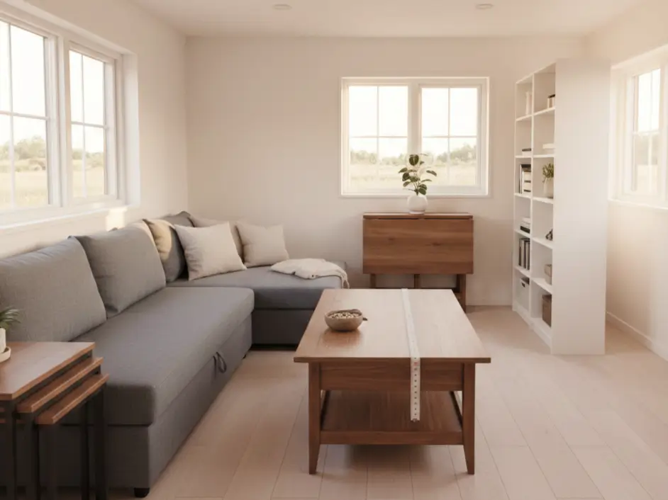 Multi-functional furniture in 320 sq ft tiny house showing sofa bed, lift-top coffee table, and optimal clearances