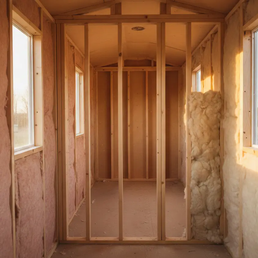 Unfinished tiny house interior showing 2x4 wood framing and insulation installation.