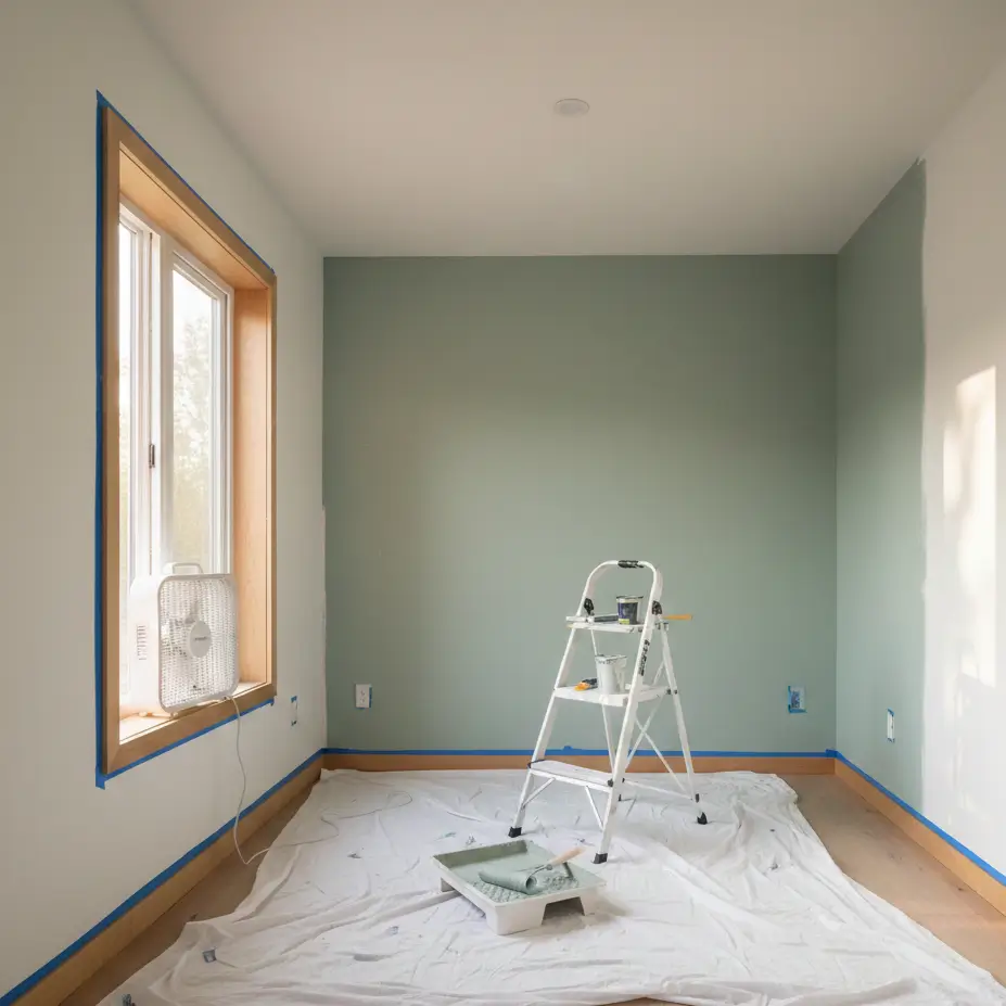 Tiny house interior being painted with box fan ventilation in window, showing safe painting conditions for small spaces.