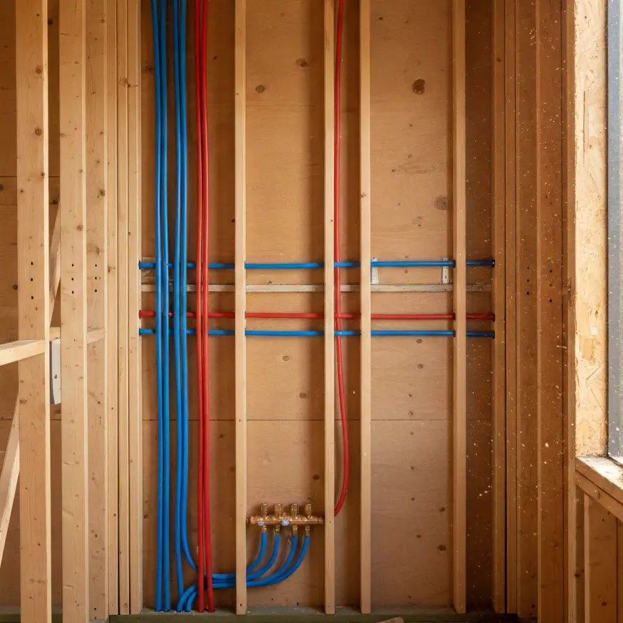 Tiny house wall framing showing red and blue PEX plumbing lines installed in a wet wall layout.