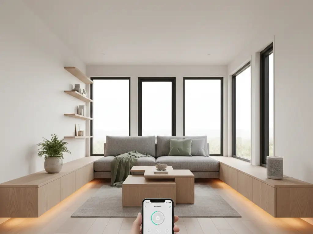 Modern tiny house interior with smart lighting control via smartphone app, showing clean scandinavian design.