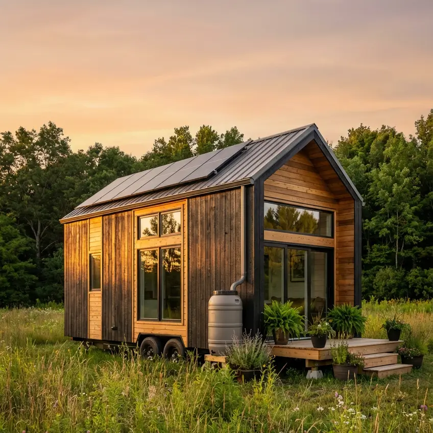 Sustainable tiny house on wheels with solar panels and charred wood siding in a natural setting.