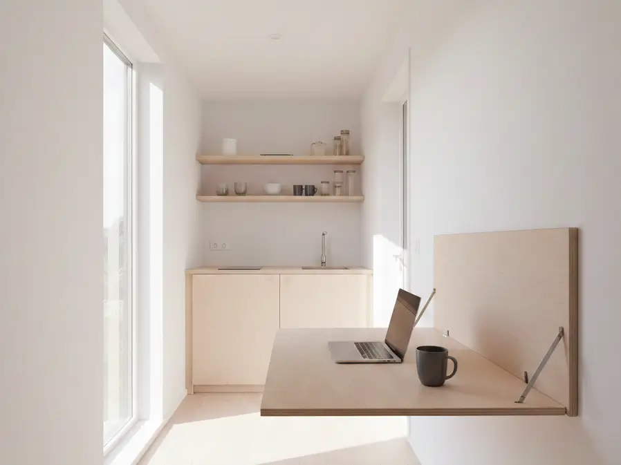 Modern tiny house interior with a wall-mounted fold-down desk in birch wood, showing space-saving work from home setup.