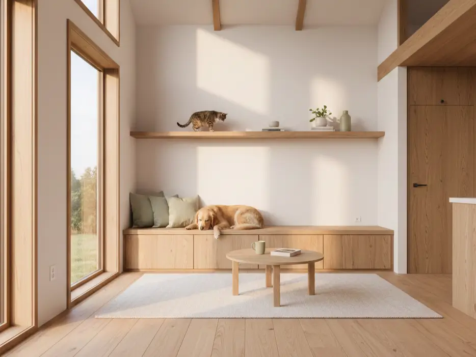 Interior of a 300 sq ft tiny house featuring built-in dog bed and vertical cat shelves in a minimalist style.