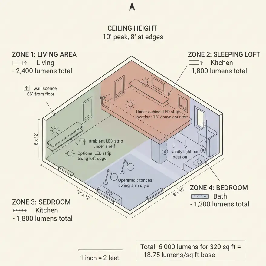 Tiny house floor plan diagram showing four lighting zones with lumen requirements and fixture placements