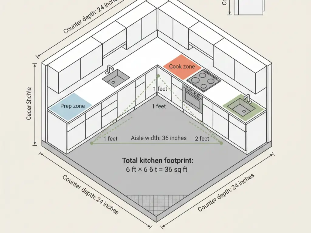 Tiny house kitchen floor plan diagram showing 36-inch aisle width and work triangle measurements
