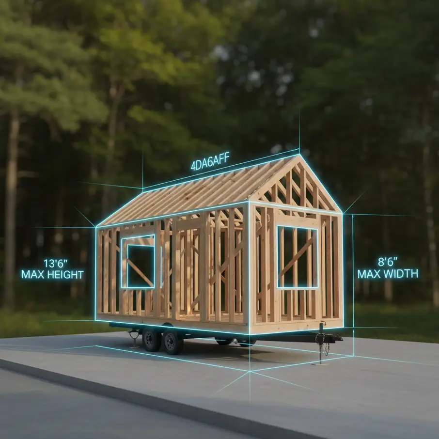 Tiny house on wheels exterior diagram showing maximum legal road dimensions of 13 feet 6 inches high and 8 feet 6 inches wide.