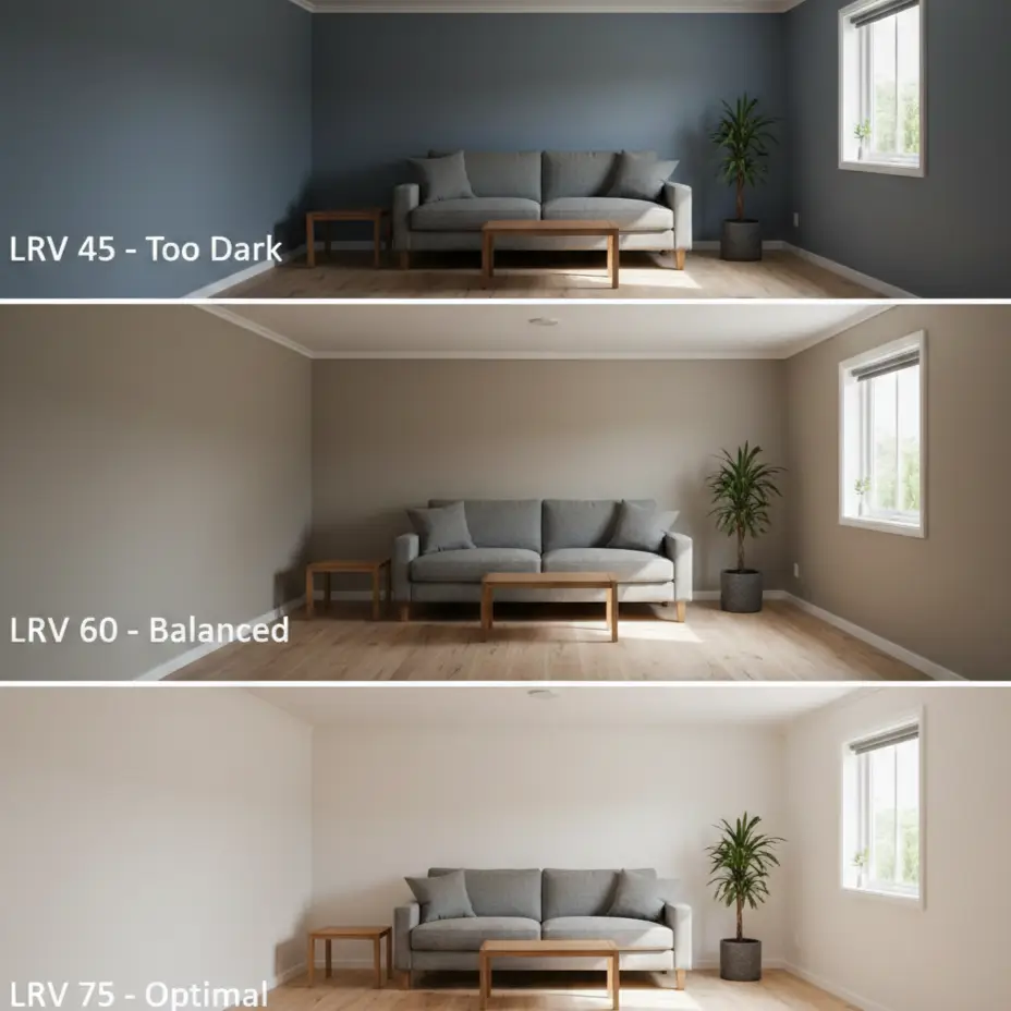 Triple comparison of same tiny house room showing LRV 45, 60, and 75 wall colors demonstrating space perception differences