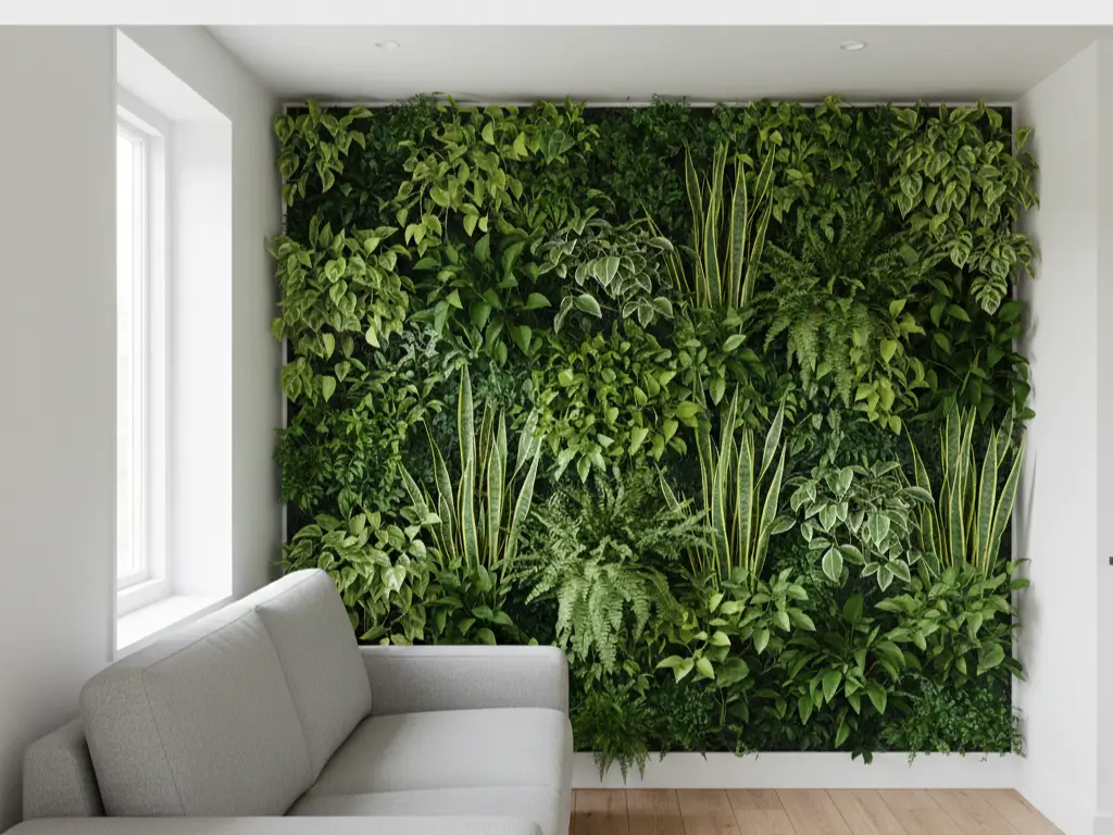 Vertical garden in small apartment living room showing floor-to-ceiling plant shelf system.