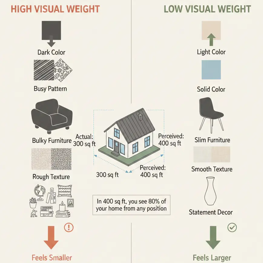 Visual weight diagram comparing high weight elements like dark colors and clutter versus low weight elements like light colors and minimal styling for tiny houses