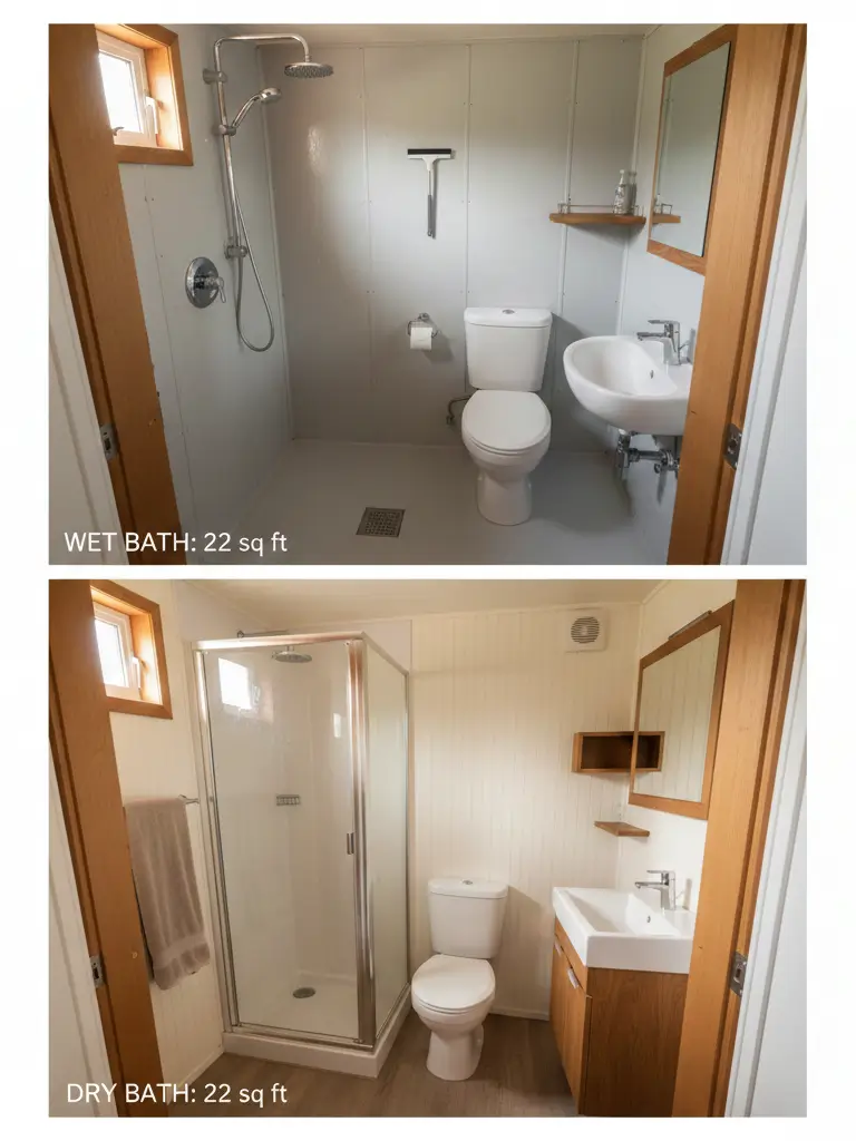Side-by-side comparison of 22 sq ft wet bath with open shower and dry bath with enclosed shower stall