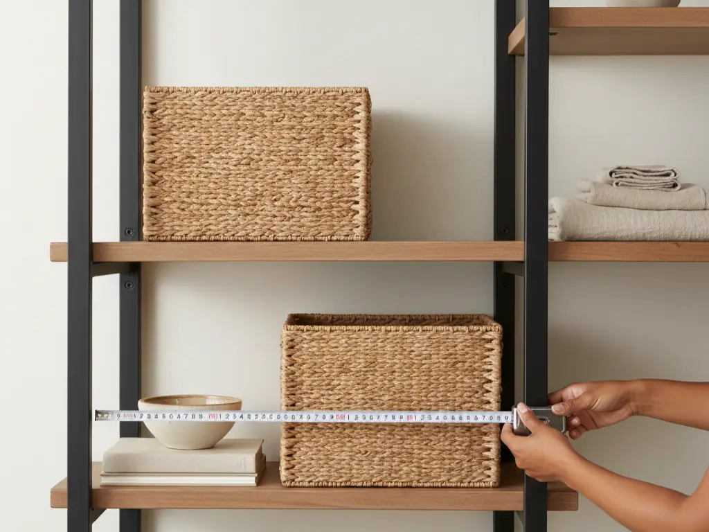 Wall-mounted track shelving system with adjustable wood shelves, measuring 4 feet wide by 8 feet tall, maximizing vertical storage