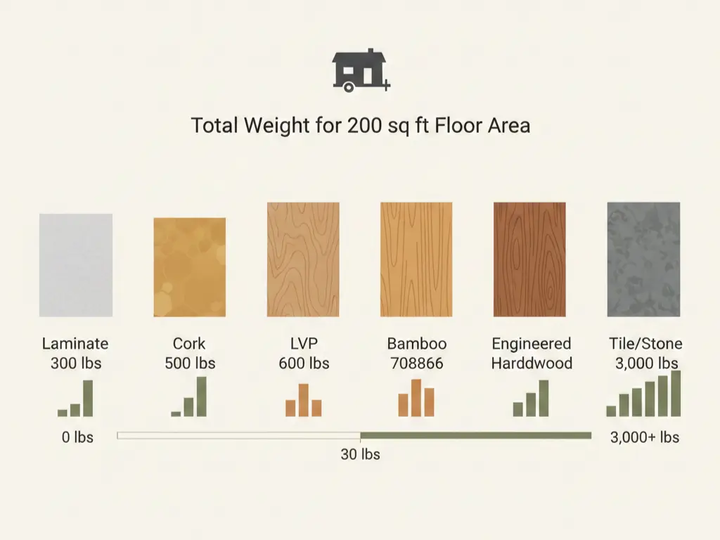 Weight comparison infographic showing flooring materials from 300 lbs laminate to 3,000 lbs tile for 200 sq ft tiny house