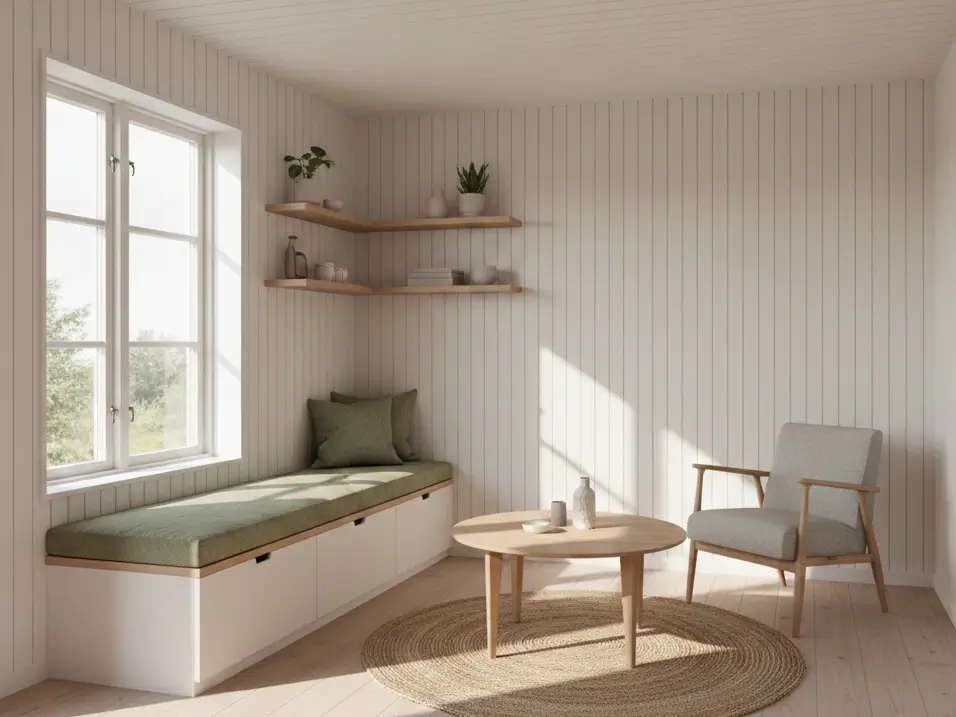 Renovated tiny house interior with white painted wood paneling and natural light, 350 sq ft layout.