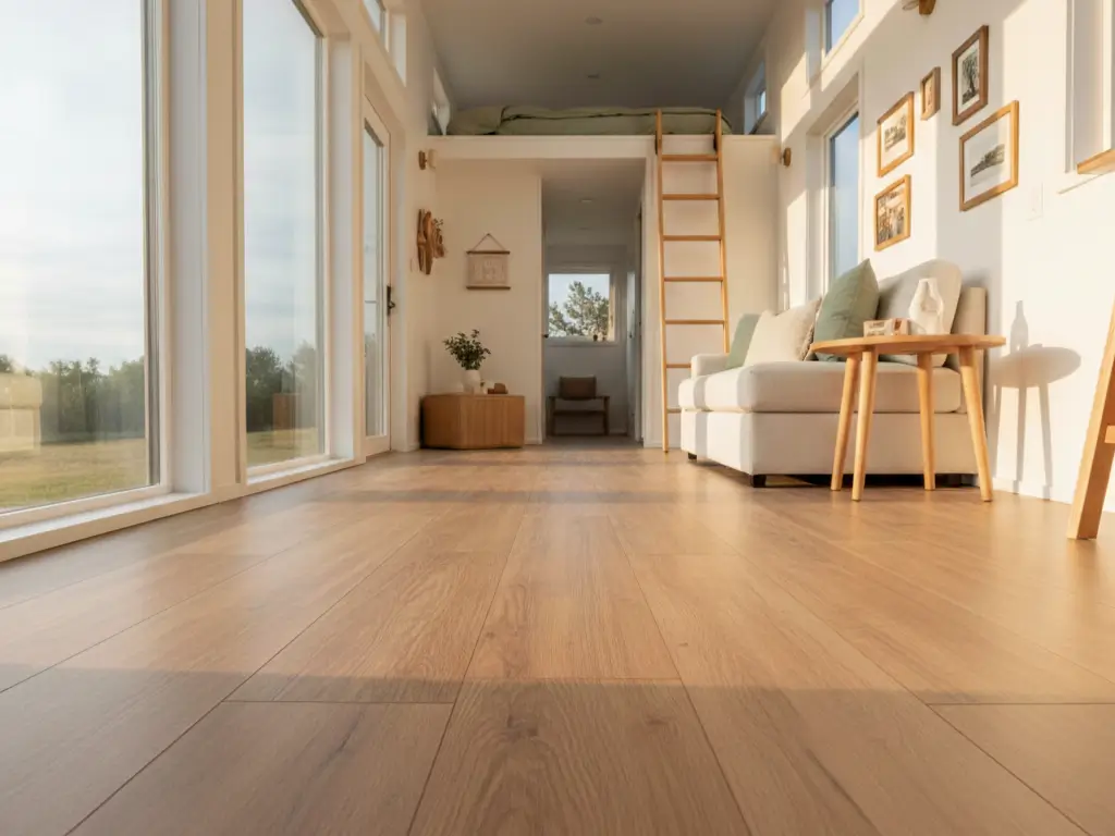 Wide-plank oak flooring in 280 sq ft tiny house living area with Scandinavian design and natural lighting