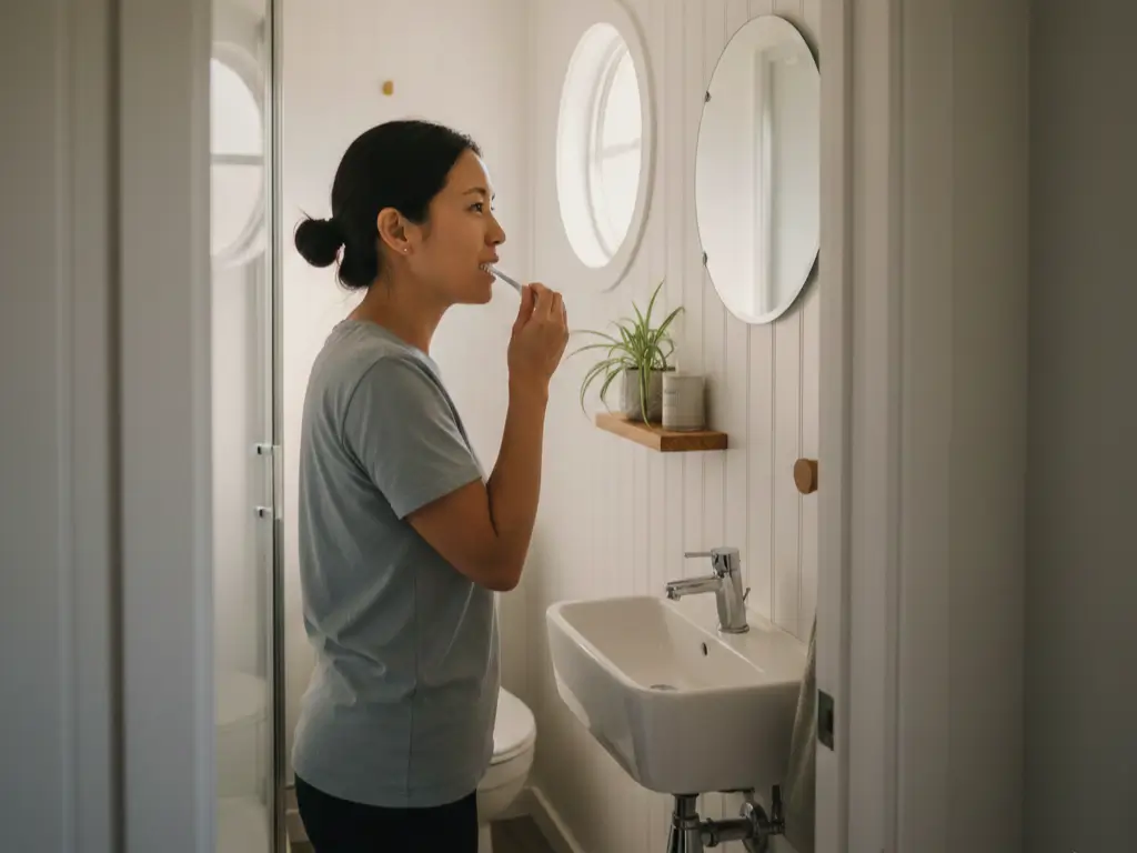 Woman brushing teeth in 24 sq ft tiny house bathroom with corner sink, composting toilet, and glass shower