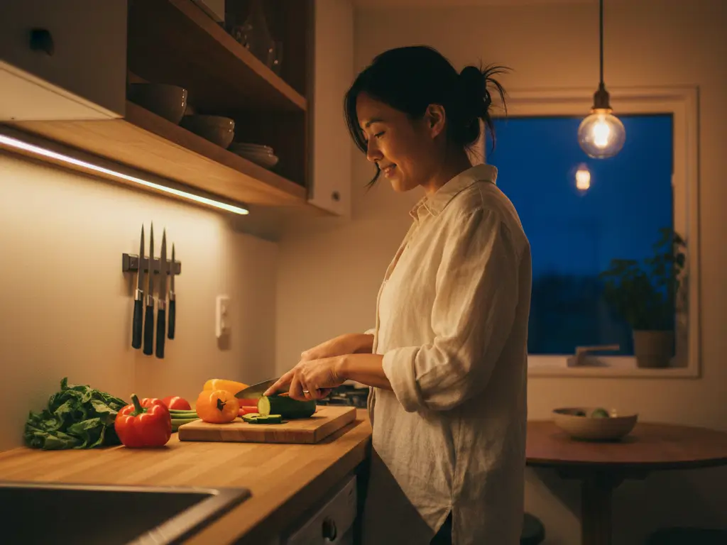 Woman cooking under warm LED task lighting in 75 sq ft tiny house kitchen at evening