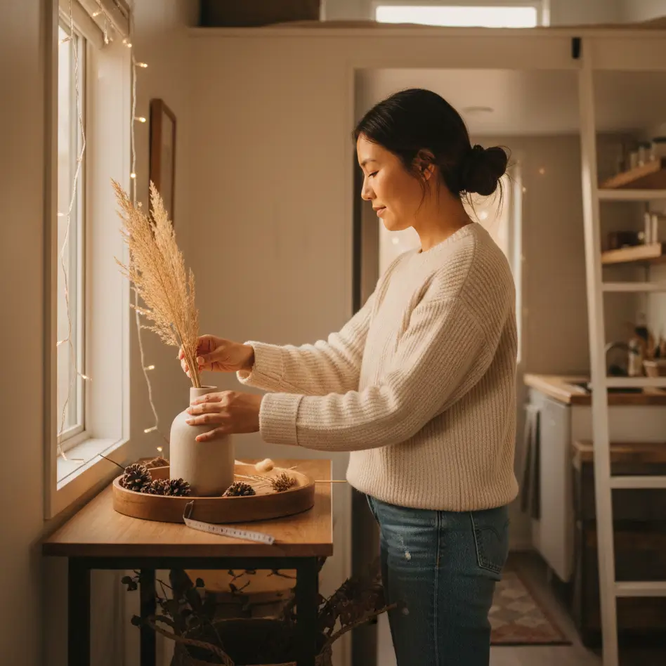 Woman in her 30s arranging dried grasses in ceramic vase on wood tray in 320 sq ft tiny house living area