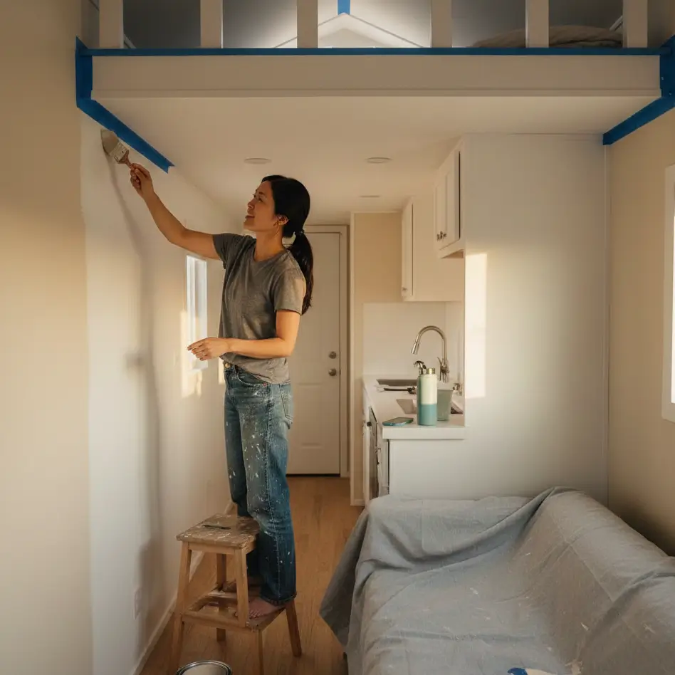 Woman on step stool painting tiny house wall with brush, showing DIY approach in compact 350 sq ft space