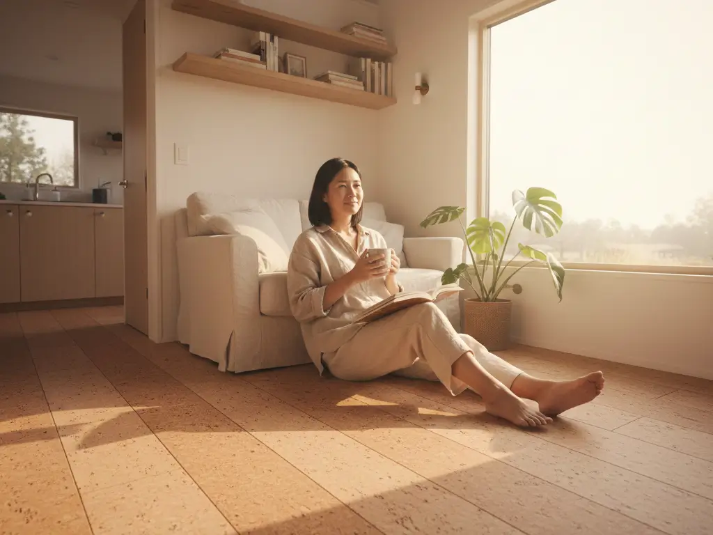 Woman relaxing barefoot on cork flooring in 280 sq ft tiny house living area with natural afternoon light