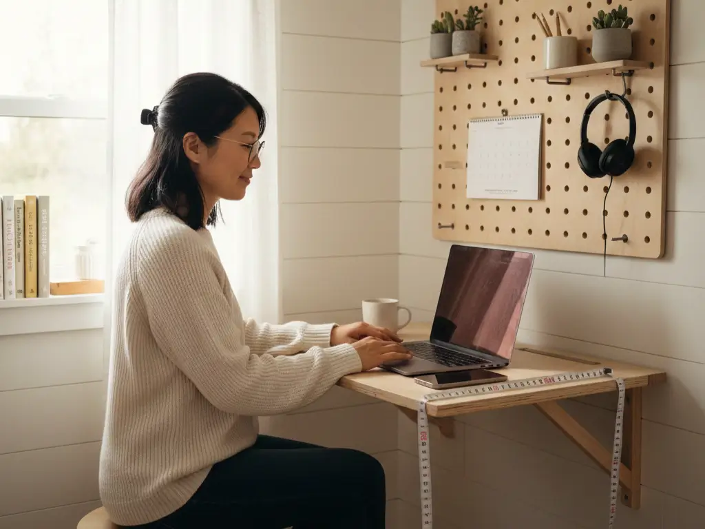 Woman working at 24x36-inch wall-mounted fold-down desk with pegboard storage in 350 sq ft tiny house, demonstrating work-from-home setup