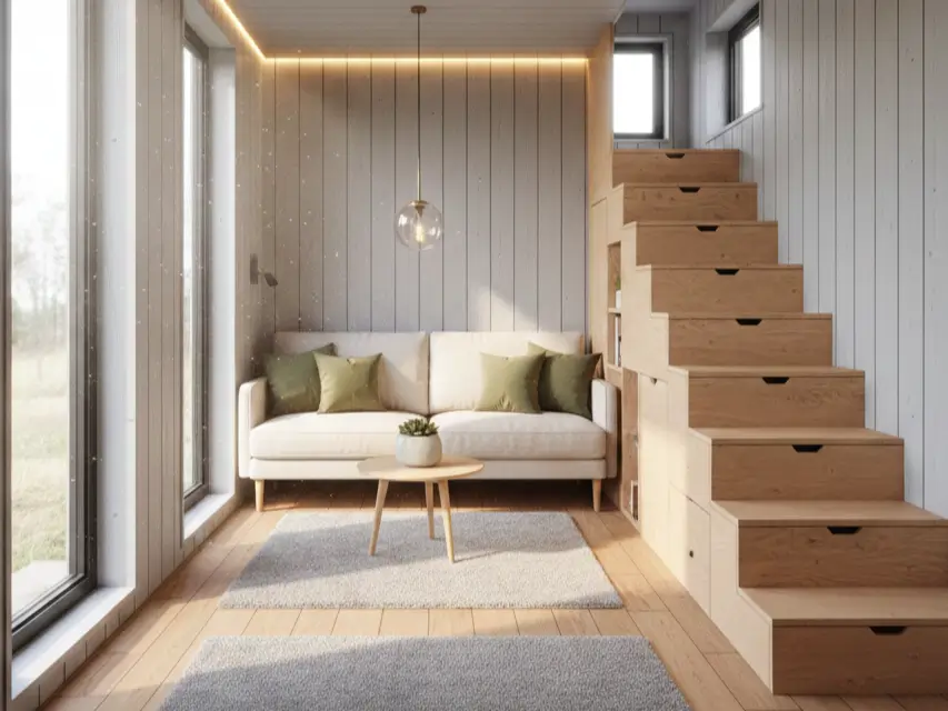 Bright tiny house interior featuring lightweight plywood wall cladding and engineered wood flooring in a Scandinavian style.