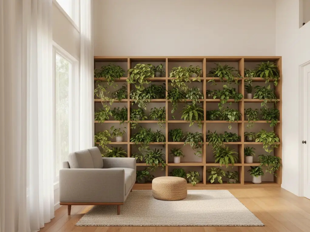 Tiny house living room featuring vertical wood shelving with trailing plants to maximize floor space.