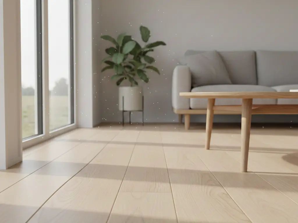 Light oak hardwood flooring in a tiny house showing signs of cupping due to high humidity, with a hygrometer visible.