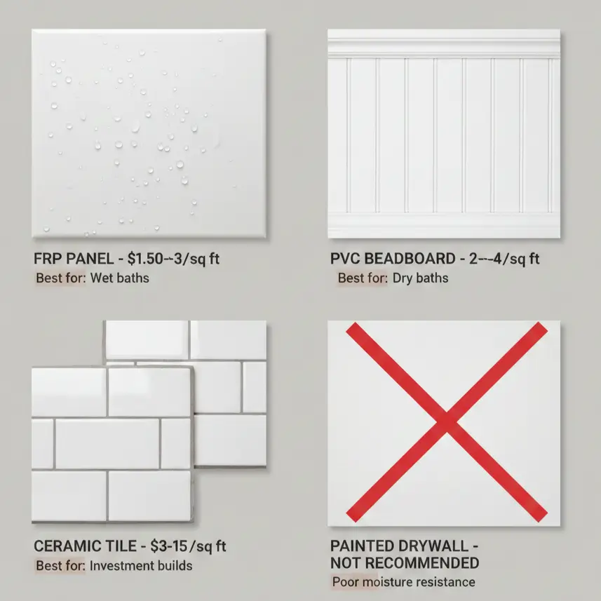 Four bathroom wall material samples compared: FRP panel, PVC beadboard, ceramic tile, and painted drywall with pricing