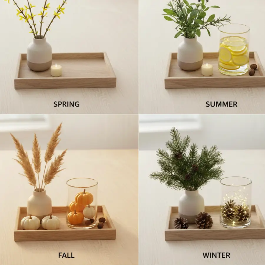 Same ceramic vase, wood tray, and hurricane candle holder styled four ways: spring forsythia, summer herbs, fall grasses, winter evergreens