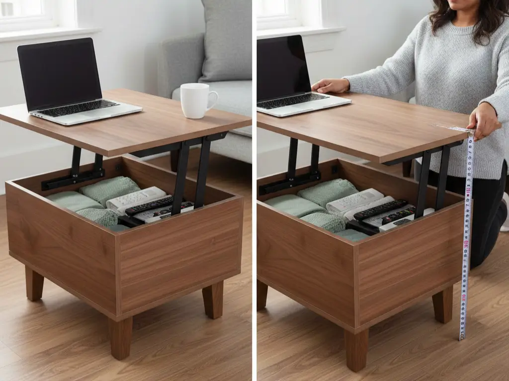 Lift-top coffee table shown in standard and raised positions demonstrating multi-functional workspace and storage