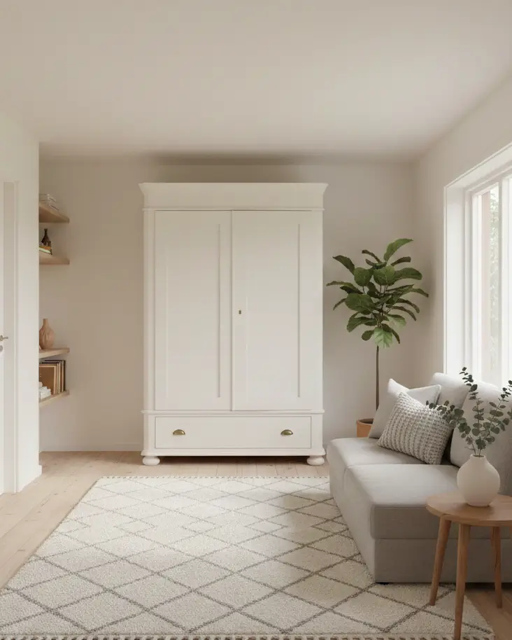 Tiny house living room featuring a large wardrobe painted warm white to match the walls, demonstrating visual weight reduction in small spaces.