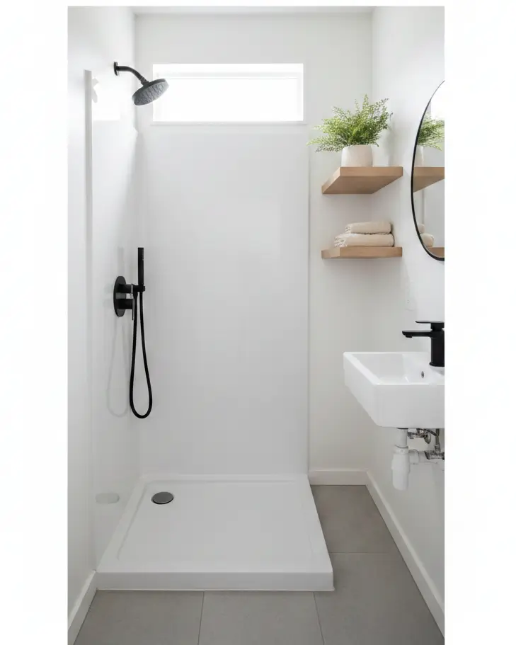 Bright renovated tiny house bathroom with freshly painted white fiberglass shower stall and matte black fixtures.
