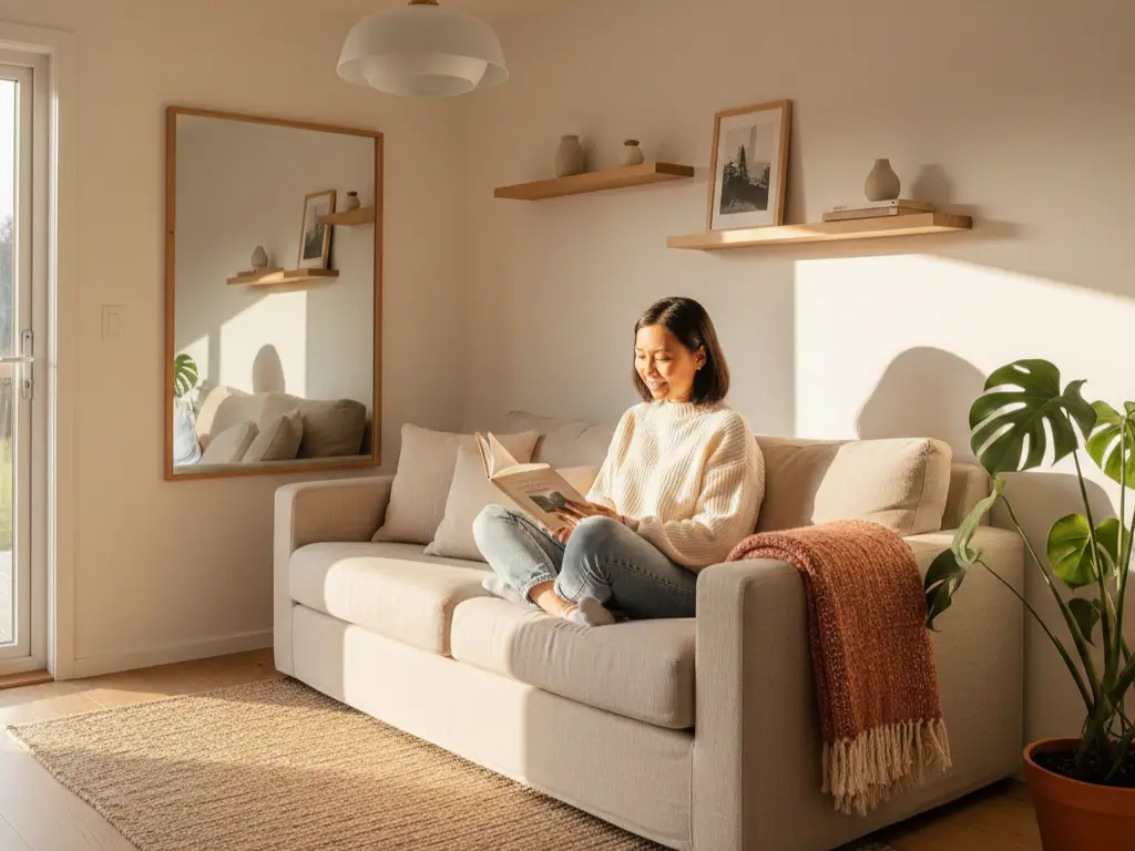Asian woman reading on sofa in 200 sq ft tiny house living area with quality pendant light, throw blanket, and 60% visible floor