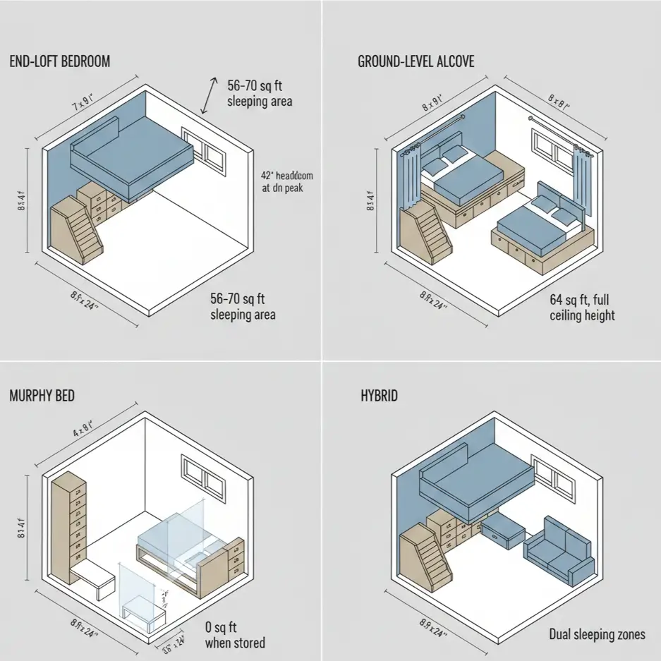 Four tiny house bedroom layout diagrams showing end-loft, ground-level, Murphy bed, and hybrid configurations with dimensions