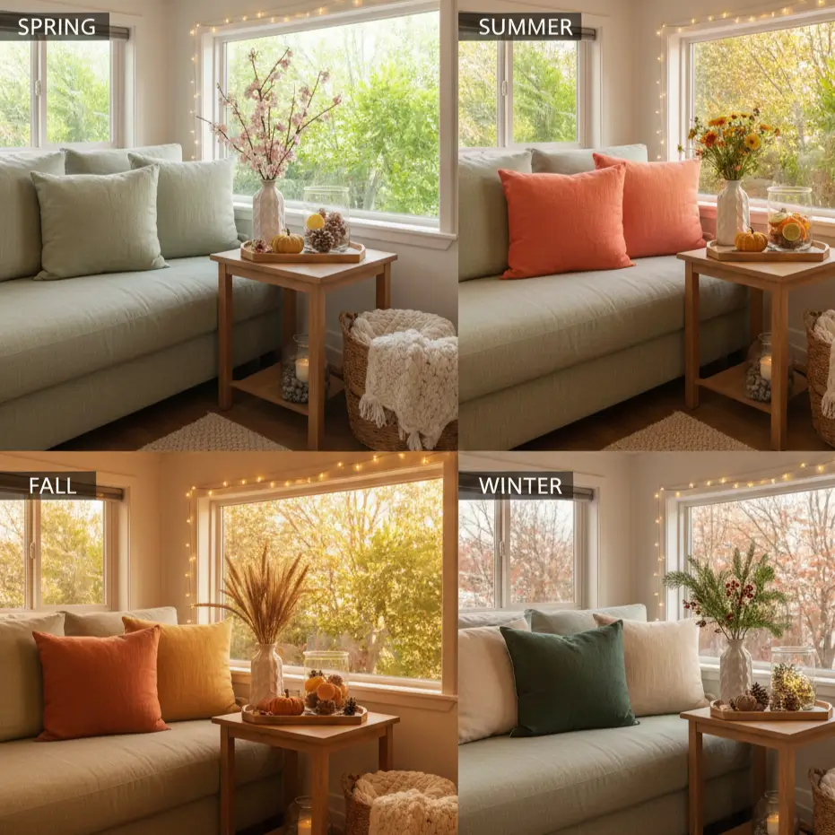 Same tiny house corner decorated across four seasons: spring cherry blossoms, summer wildflowers, fall pampas grass, winter evergreens—same base pieces throughout