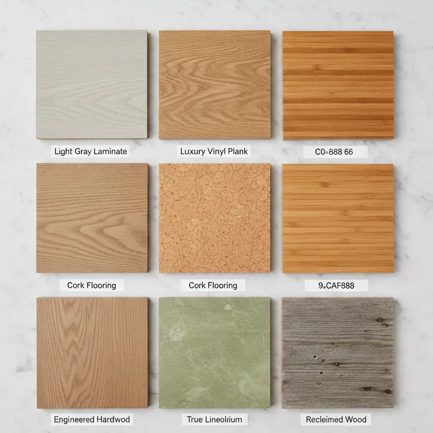 Grid of tiny house flooring samples showing laminate, LVP, cork, bamboo, hardwood, linoleum, and reclaimed wood