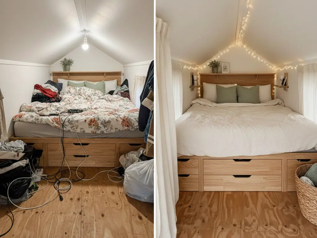 Before and after tiny house loft bedroom transformation showing cluttered space converted to organized sleep area with 40 cubic feet added storage