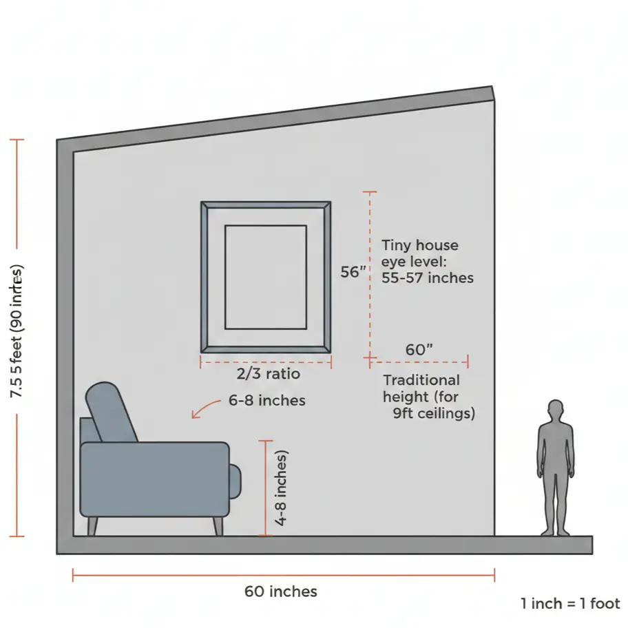 Diagram showing two-thirds proportion rule for tiny house art placement with 56-inch center height marked on 7.5-foot wall